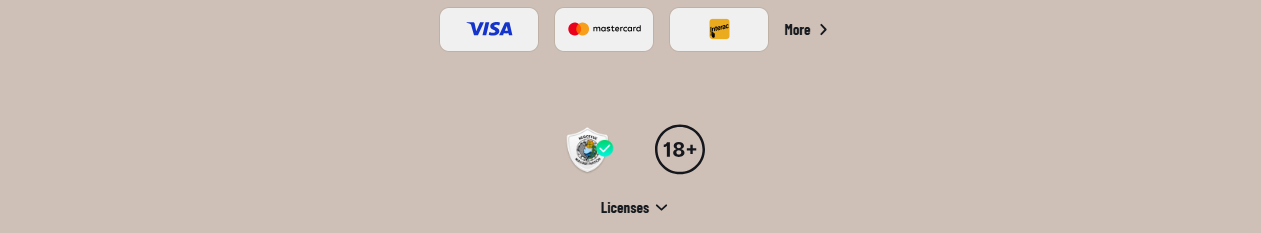 Casino footer with Visa, Mastercard, and Jeton payment options, an 18+ age restriction badge, license section, and a “More” link on a light background.