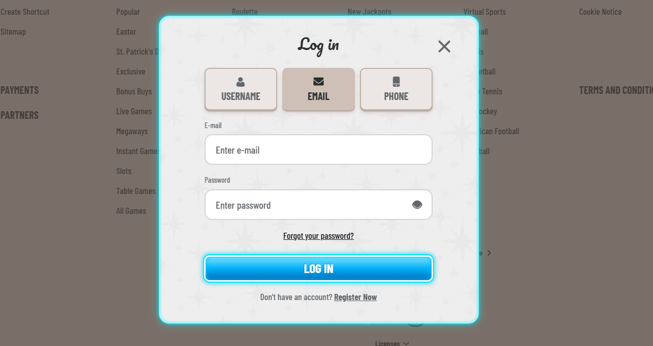 Login modal with username, email, and phone tabs, input fields for email and password, a “Forgot your password?” link, and a blue “Log In” button highlighted with a glowing border.