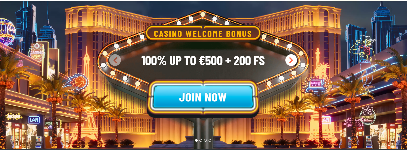 Casino-style banner with a Las Vegas backdrop, highlighting a welcome bonus of 100% up to €500 plus 200 free spins and a prominent blue “Join Now” call-to-action button.
