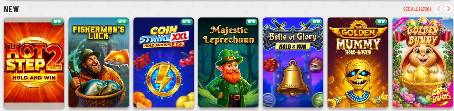 Row of newly added slot games featuring titles like Hot Step 2, Fisherman’s Luck, Coin Strike XXL, Majestic Leprechaun, Bells of Glory, Golden Mummy, and Golden Bunny, each marked with a “New” badge.
